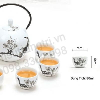 BỘ ẤM CHÉN HOA ĐÀO VẼ THEO LỐI THƯ PHÁP